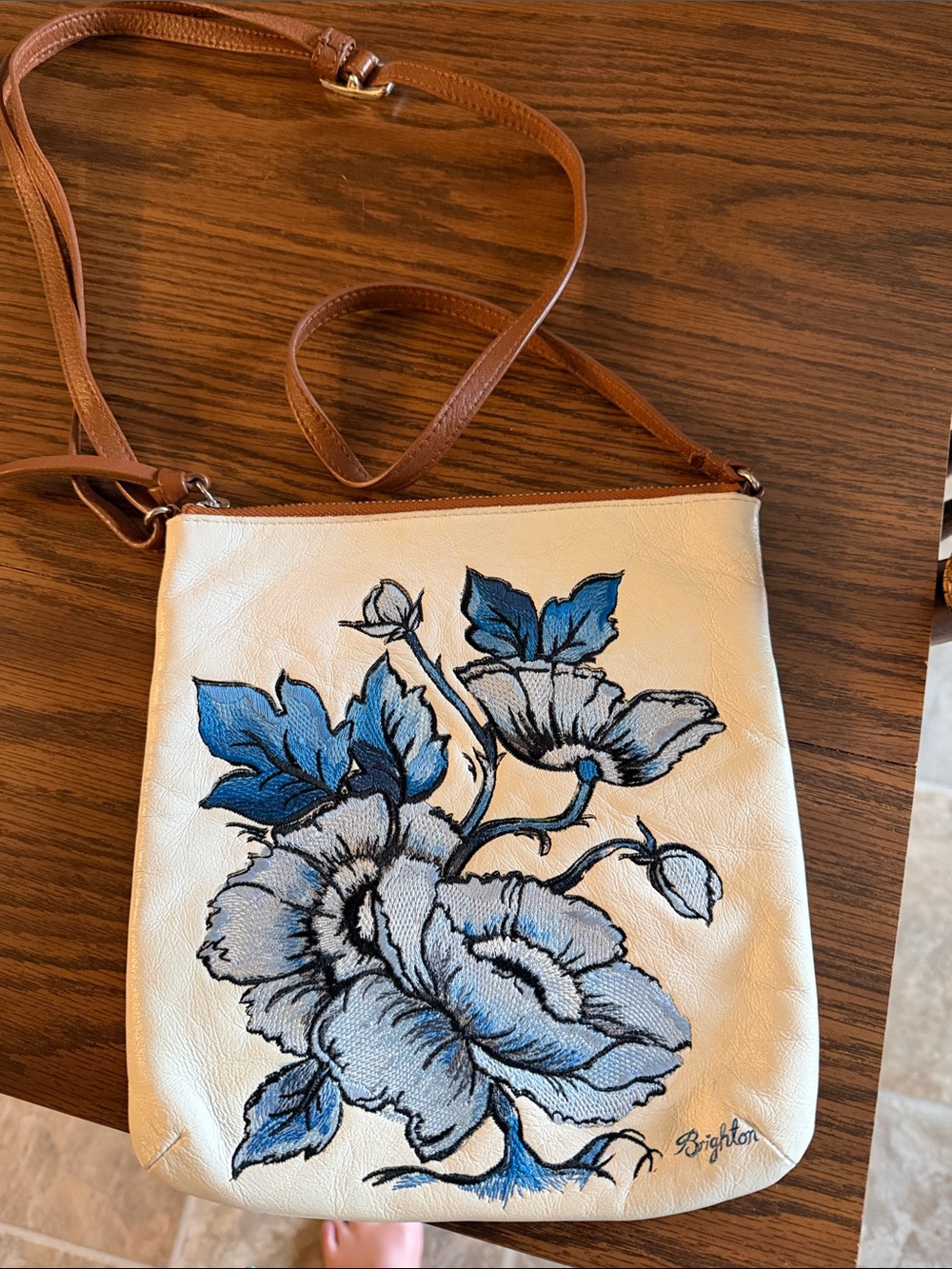 Brighton White Crossbody Bag with Blue Floral Embroidery